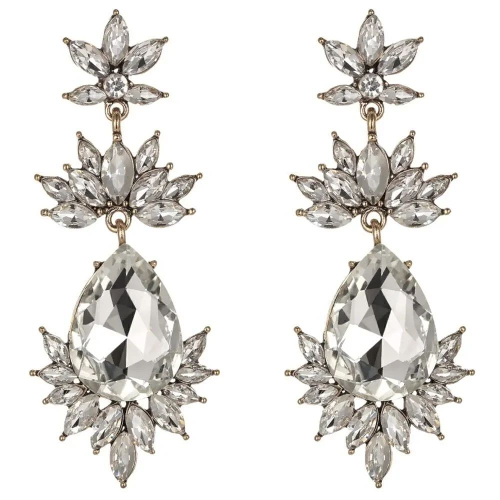 Yellow Gold with White Diamond Crystal Art Deco Chandelier Post Back Earrings